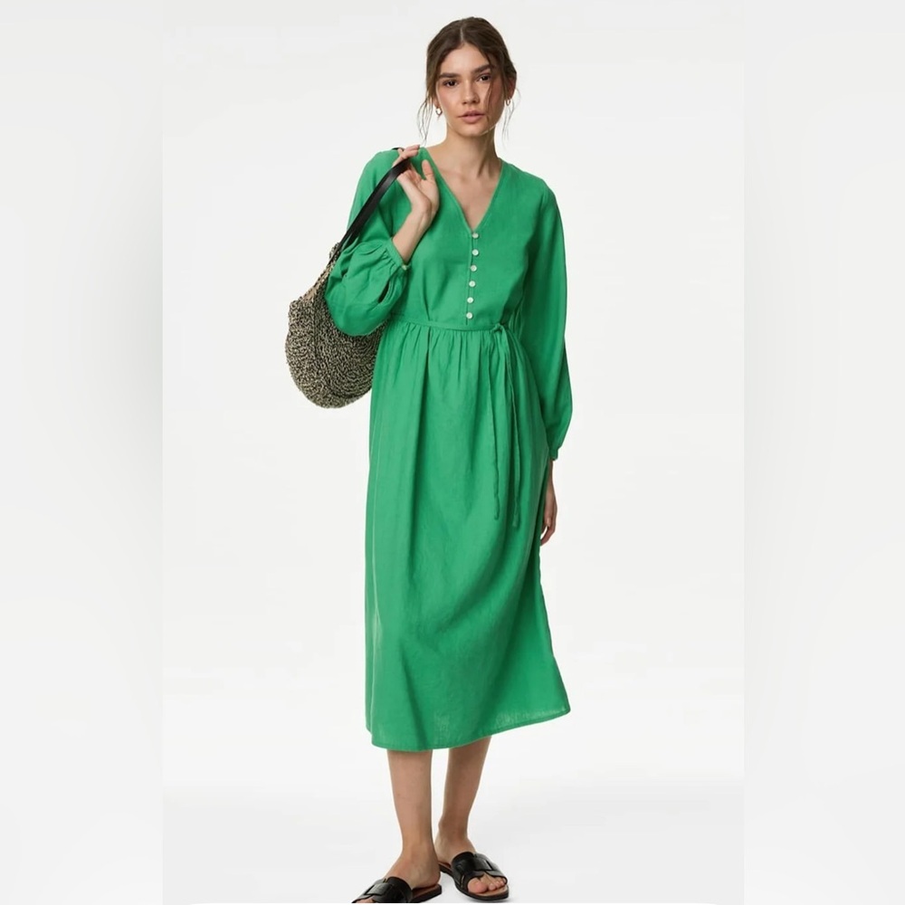 NWT Marks and Spencer Linen Rich V-Neck Midi Shift Dress- Size Medium 10 UK
